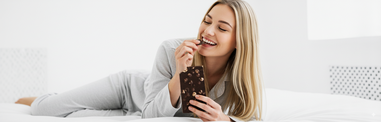 Smiling woman in loungewear enjoying a chocolate bar while lying on a bed — illustrating the concept of carb cravings and emotional eating
