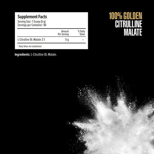 Supplement label for 100% Golden Citrulline Malate with a black background and white powder explosion.