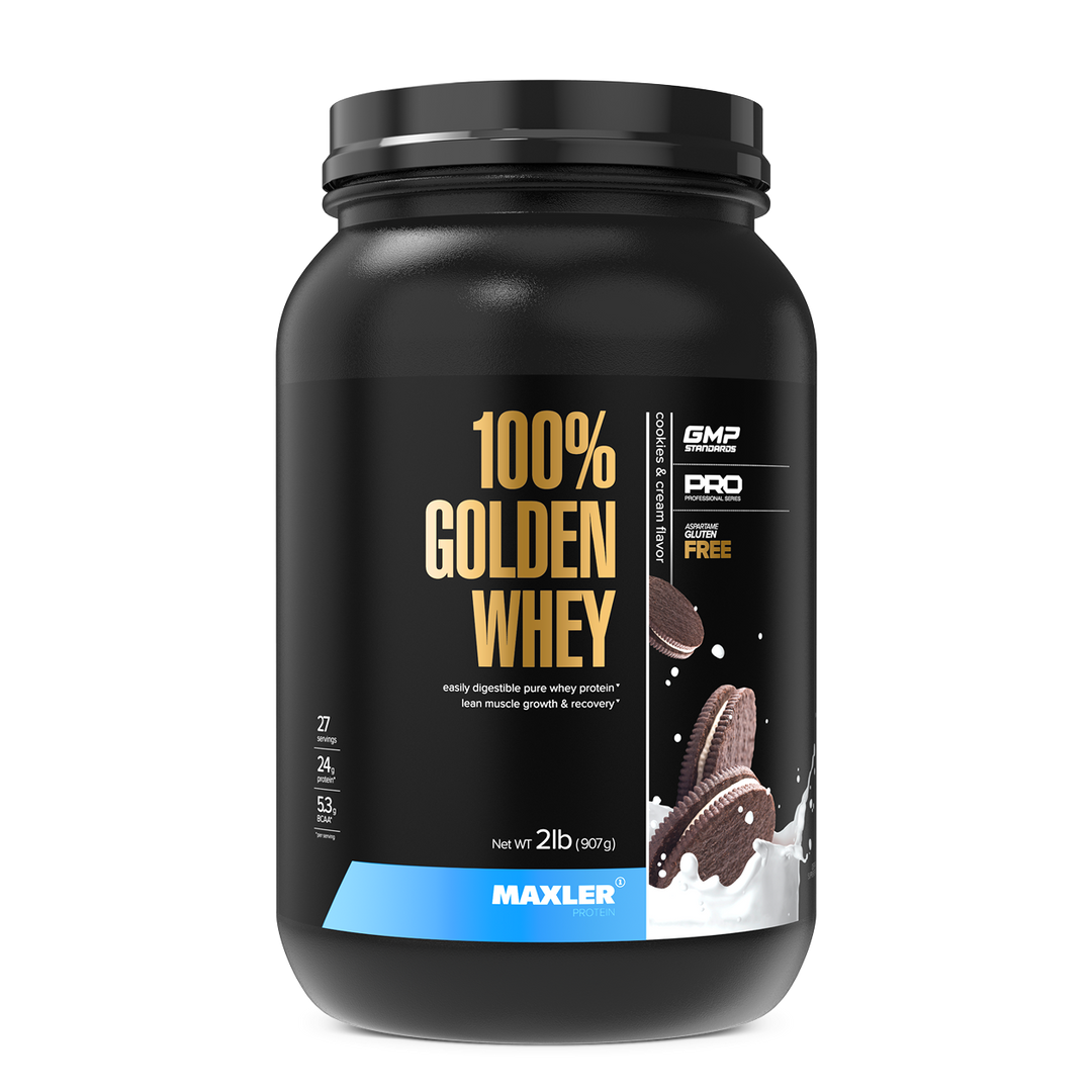 Black container of Maxler 100% Golden Whey protein powder on a white background