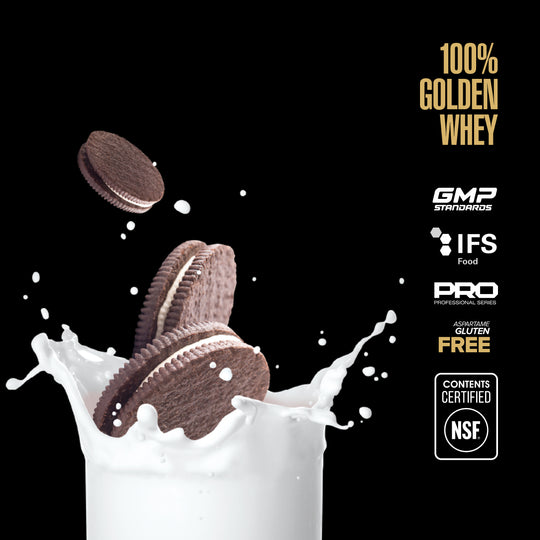 Maxler 100% Golden Whey cookies and cream flavour graphic with NSF Contents Certified logo