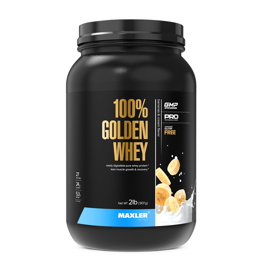 Black container of Maxler 100% Golden Whey protein powder on a white background