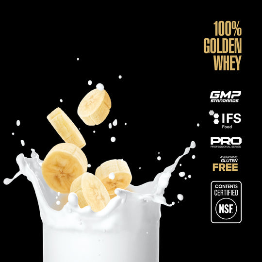Maxler 100% Golden Whey banana cream flavour graphic with NSF Contents Certified logo