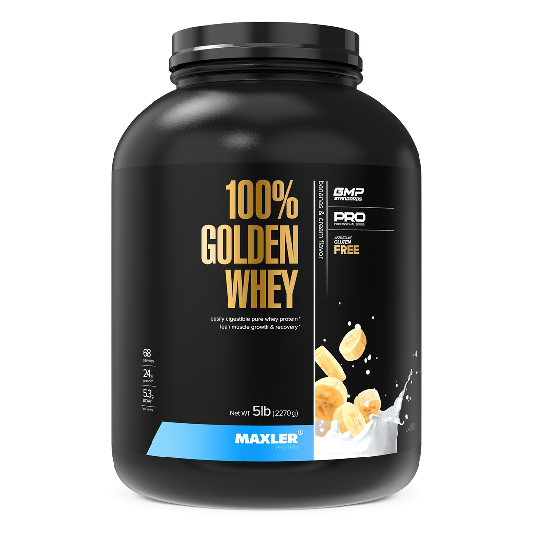 Black container of Maxler 100% Golden Whey protein powder on a white background