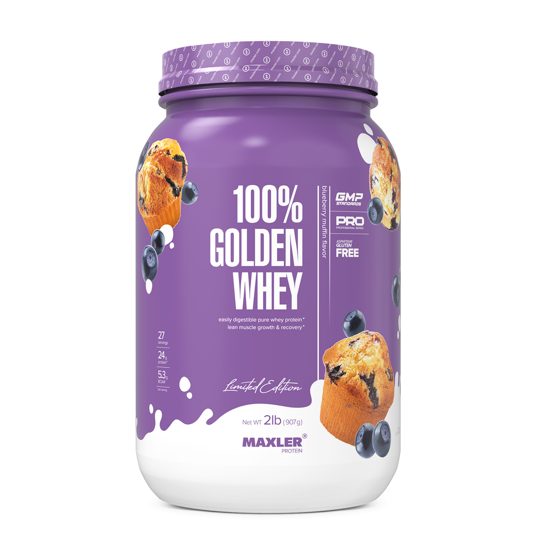 Purple and white container of Maxler 100% Golden Whey protein powder on a white background