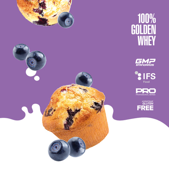 Blueberry muffin with blueberries on a purple background, featuring certification logos.