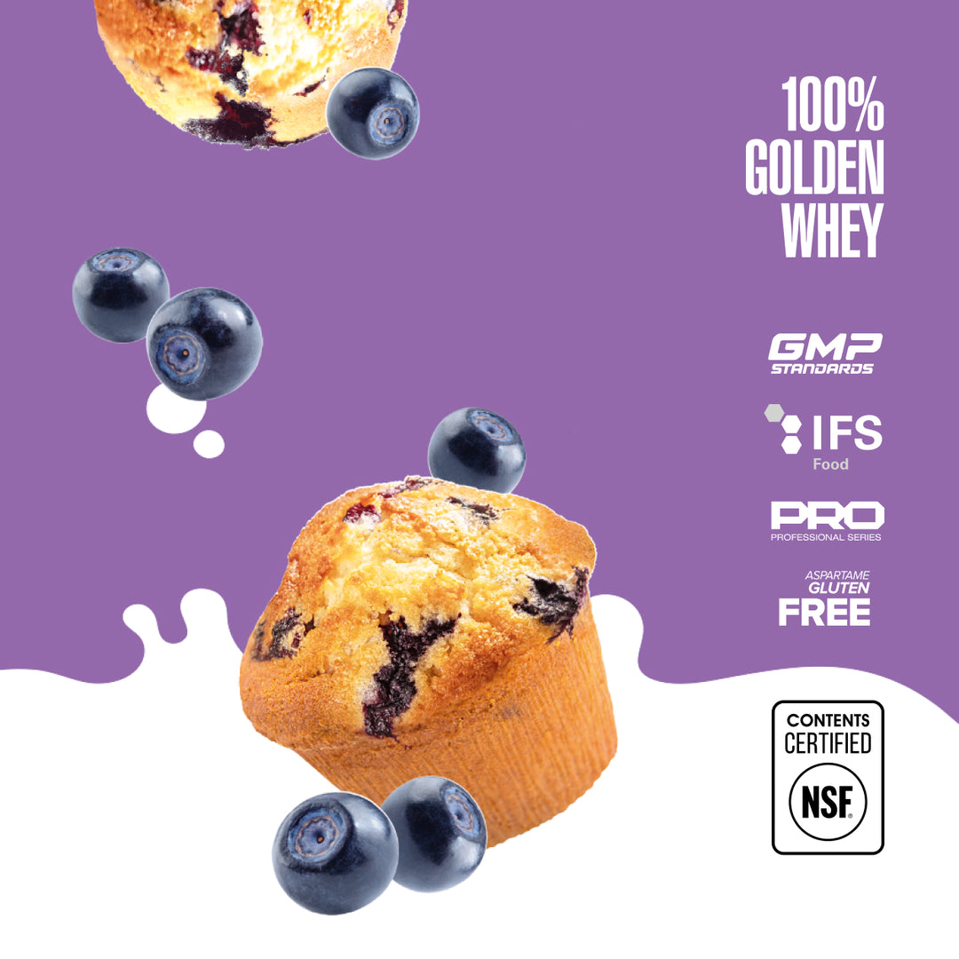 Maxler 100% Golden Whey blueberry muffin flavour graphic with NSF Contents Certified logo