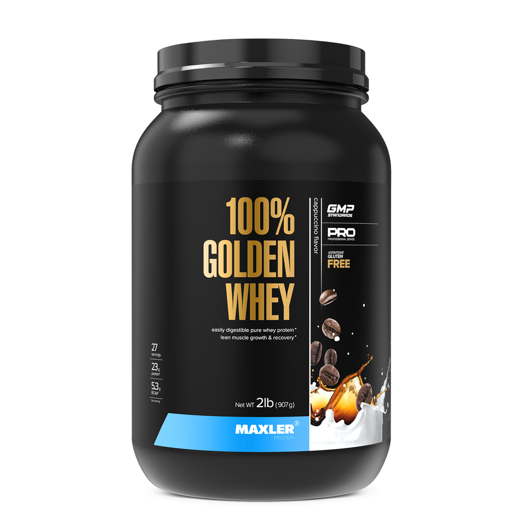 Black container of Maxler 100% Golden Whey protein powder on a white background
