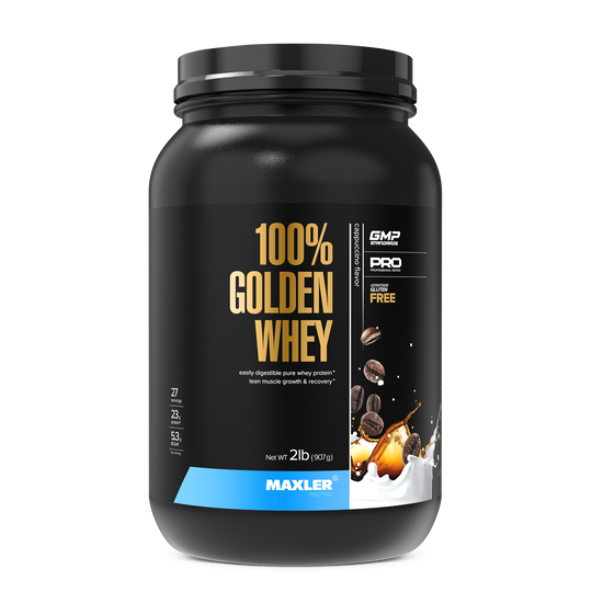 Black container of Maxler 100% Golden Whey protein powder on a white background