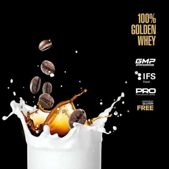 Milk splashing into a glass with coffee beans and a black background featuring certification logos.