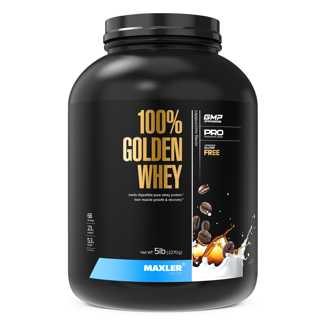 Black container of Maxler 100% Golden Whey protein powder on a white background