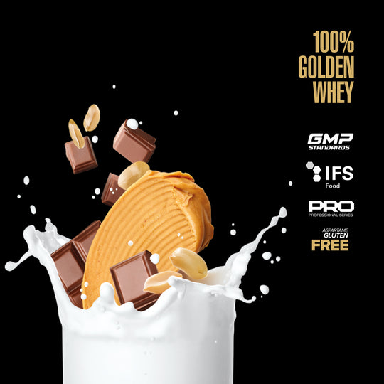 Chocolate and vanilla ice cream with milk splash on a black background, featuring '100% Golden Whey' branding and certification logos.