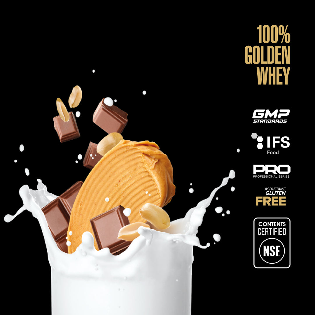 Maxler 100% Golden Whey chocolate peanut butter flavour graphic with NSF Contents Certified logo