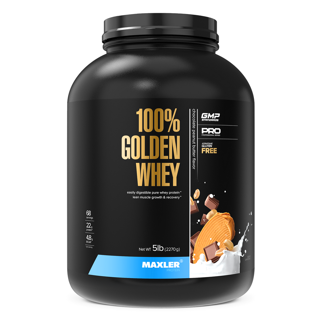 Black container of 100% Golden Whey protein powder with Maxler branding on a white background