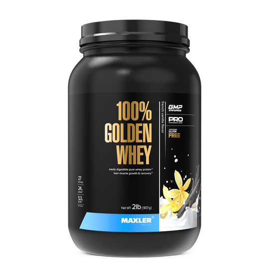 Black container of Maxler 100% Golden Whey protein powder on a white background