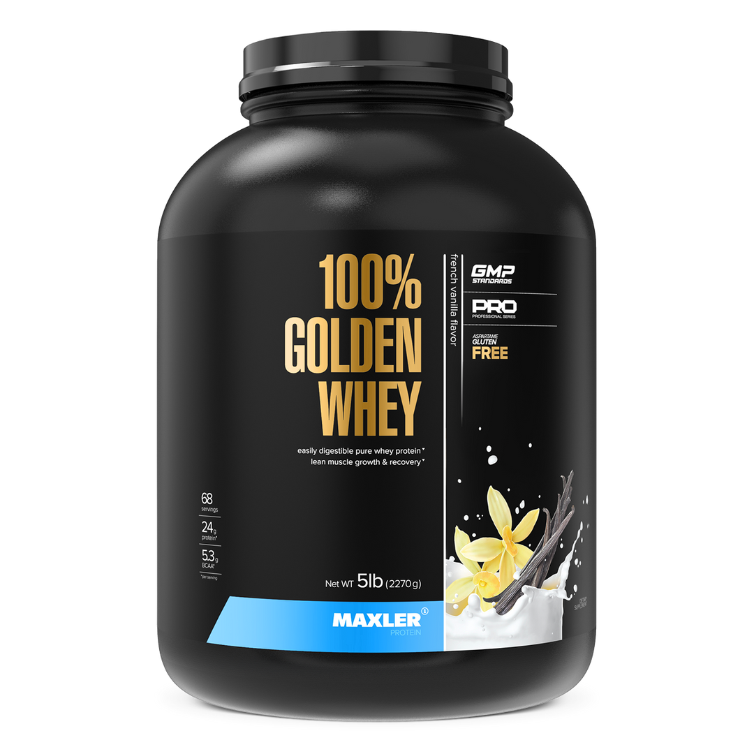 Black container of Maxler 100% Golden Whey protein powder on a white background