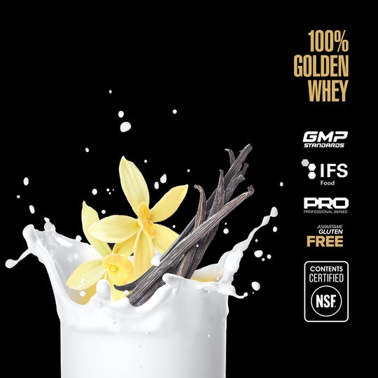 Maxler 100% Golden Whey French vanilla flavour graphic with NSF Contents Certified logo