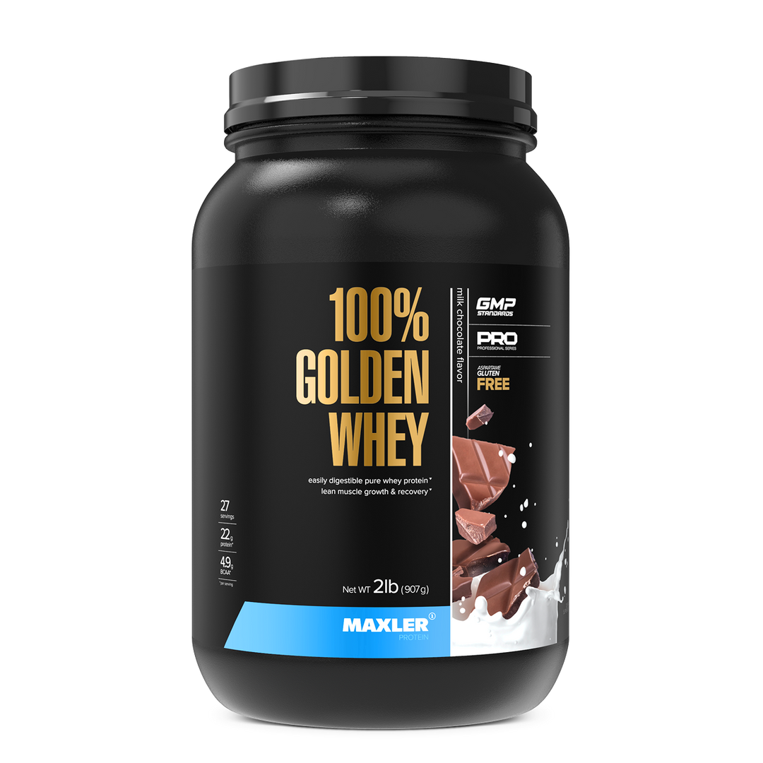 Black container of Maxler 100% Golden Whey protein powder on a white background