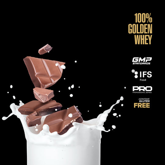 Chocolate pieces falling into a glass of milk with certification logos on a black background