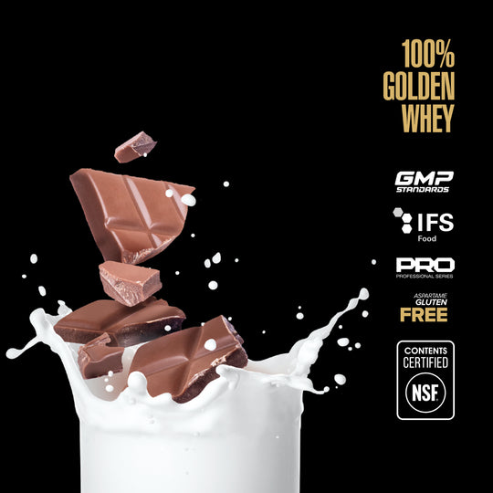 Maxler 100% Golden Whey milk chocolate flavour graphic with NSF Contents Certified logo