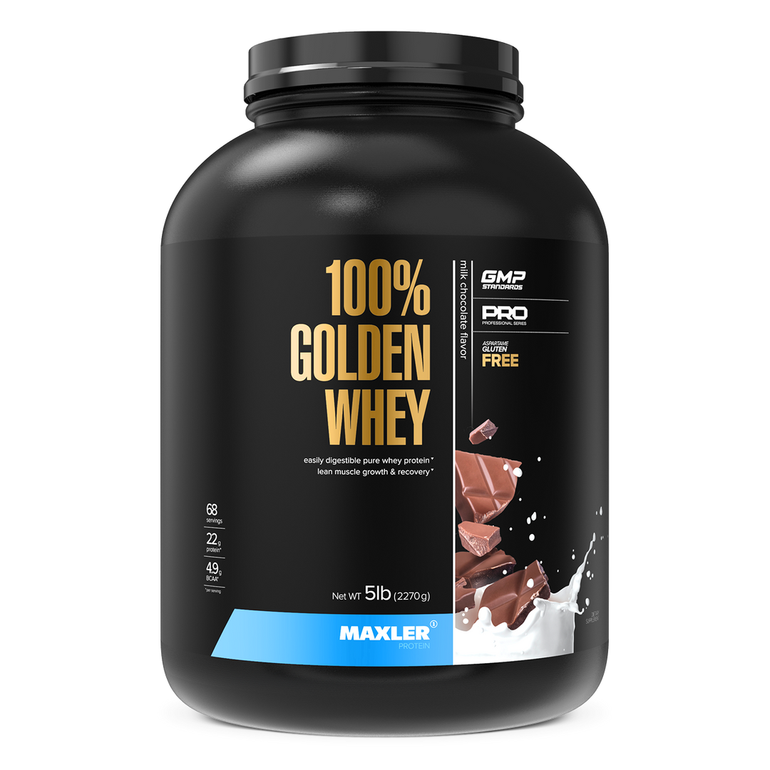 Black container of Maxler 100% Golden Whey protein powder on a white background