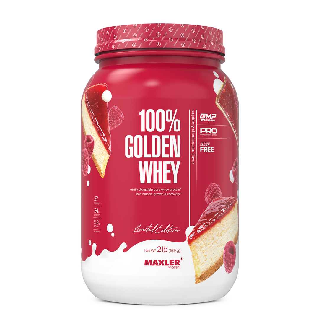 Red and white container of Maxler 100% Golden Whey protein powder on a white background