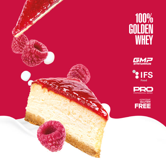 Slice of cheesecake with raspberries on a red background, featuring certification logos.
