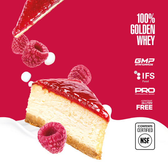 Maxler 100% Golden Whey raspberry cheesecake flavour graphic with NSF Contents Certified logo