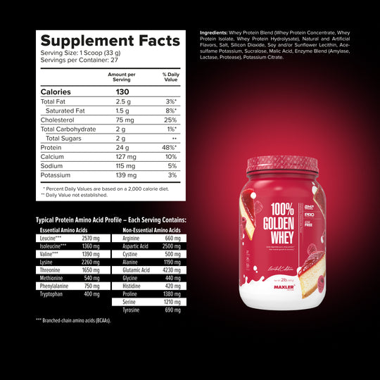 Maxler 100% Golden Whey protein supplement with nutritional facts on a red background