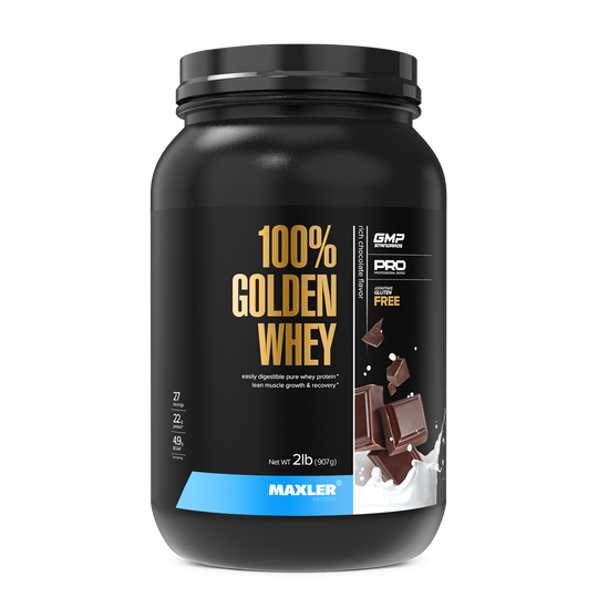 Black container of Maxler 100% Golden Whey protein powder on a white background