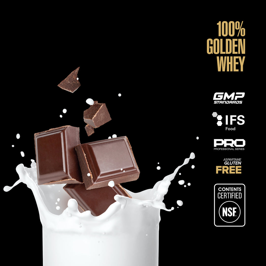 Maxler 100% Golden Whey rich chocolate flavour graphic with NSF Contents Certified logo