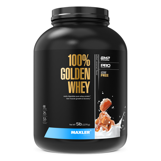 Black container of Maxler 100% Golden Whey protein powder on a white background