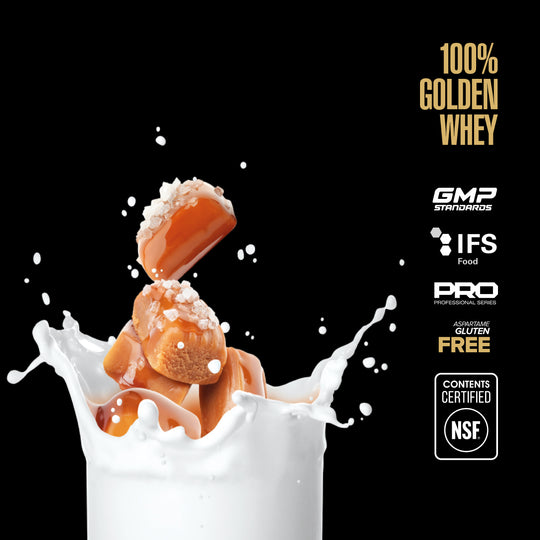 Maxler 100% Golden Whey salted caramel flavour graphic with NSF Contents Certified logo