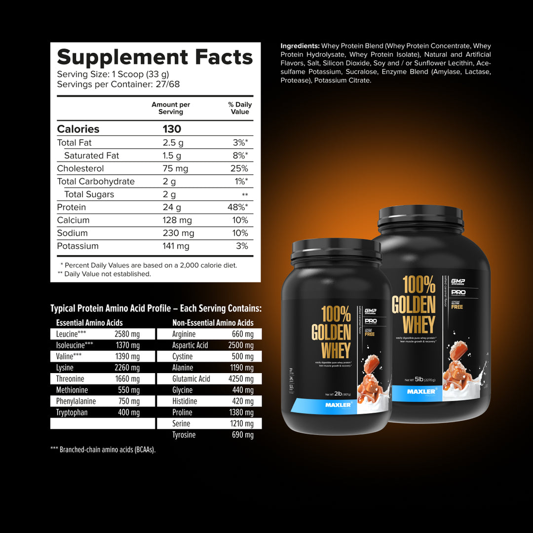Two containers of 100% Golden Whey protein with supplement facts label on a dark background