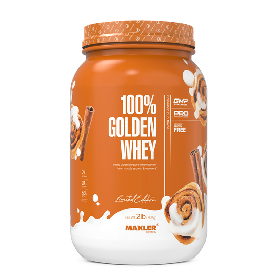 Maxler 100% Golden Whey protein powder container on a white background