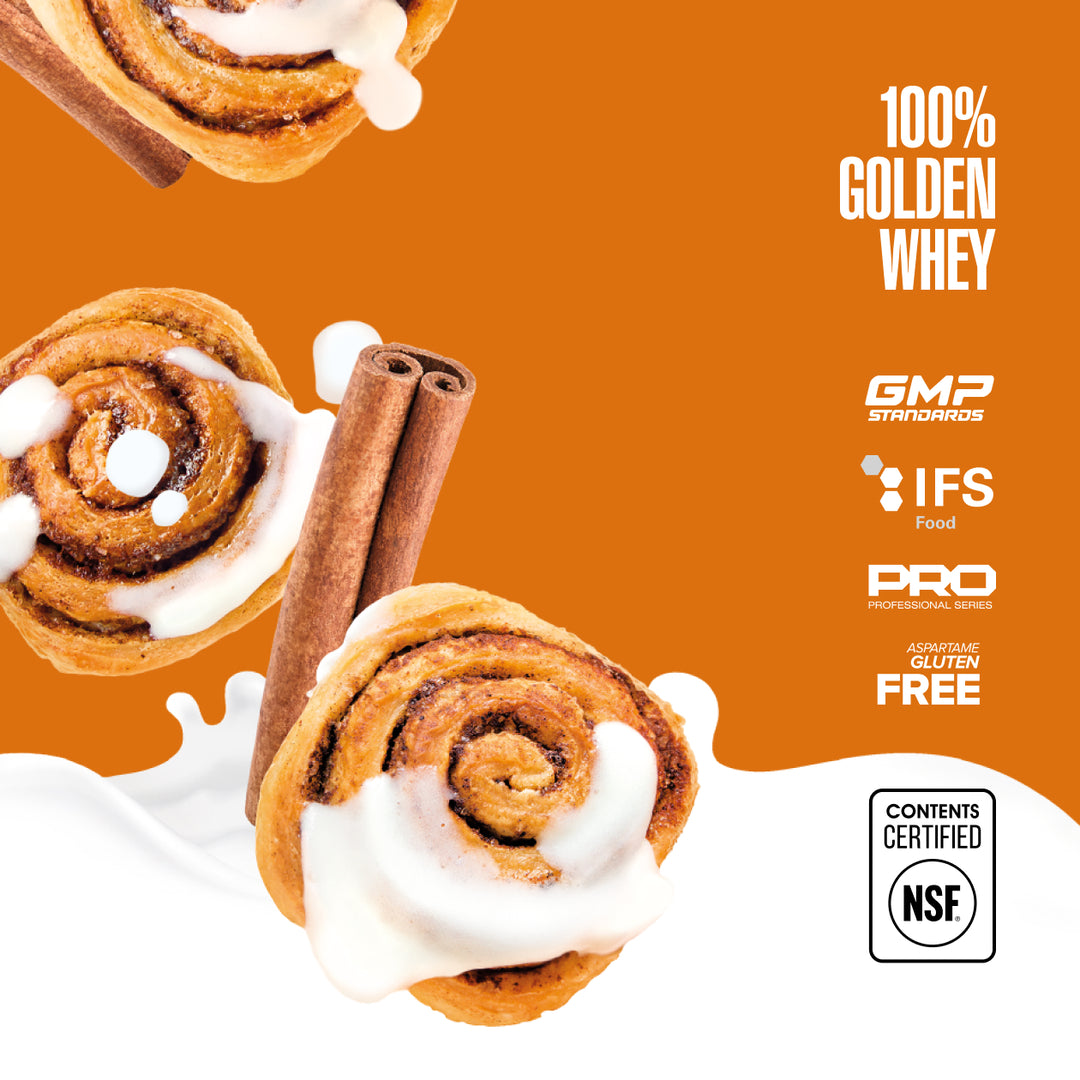 Maxler 100% Golden Whey cinnamon roll flavour graphic with NSF Contents Certified logo