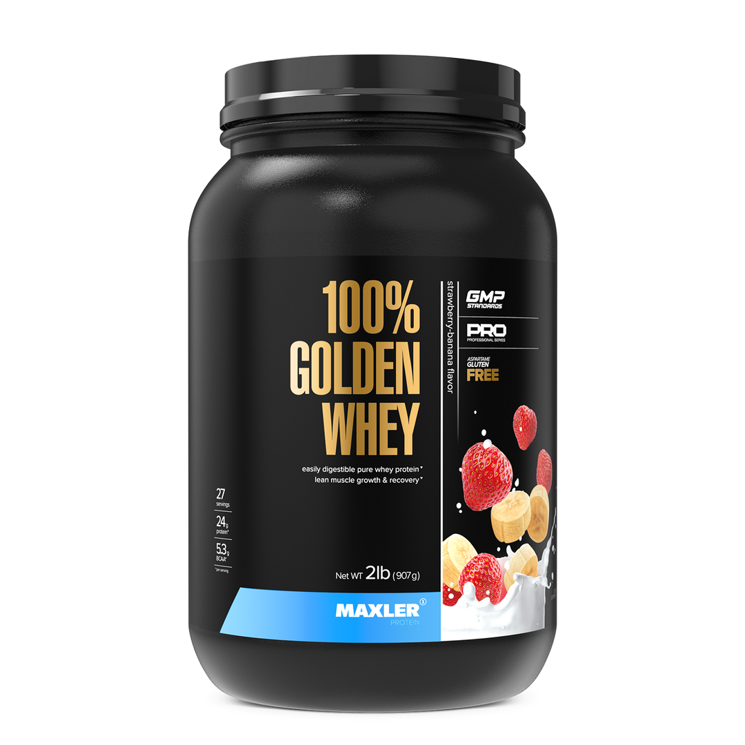 Black container of Maxler 100% Golden Whey protein powder on a white background