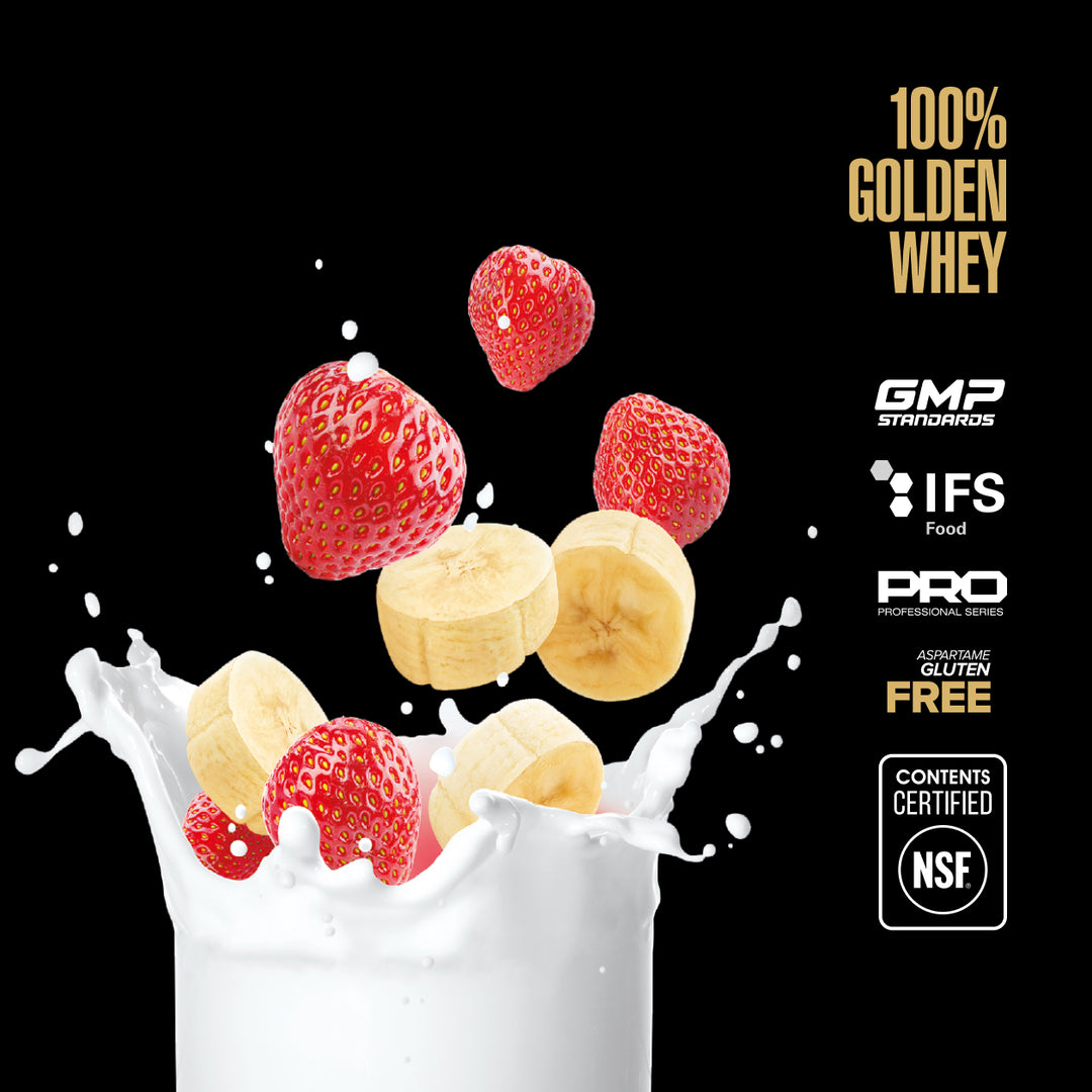 Maxler 100% Golden Whey strawberry-banana flavour graphic with NSF Contents Certified logo