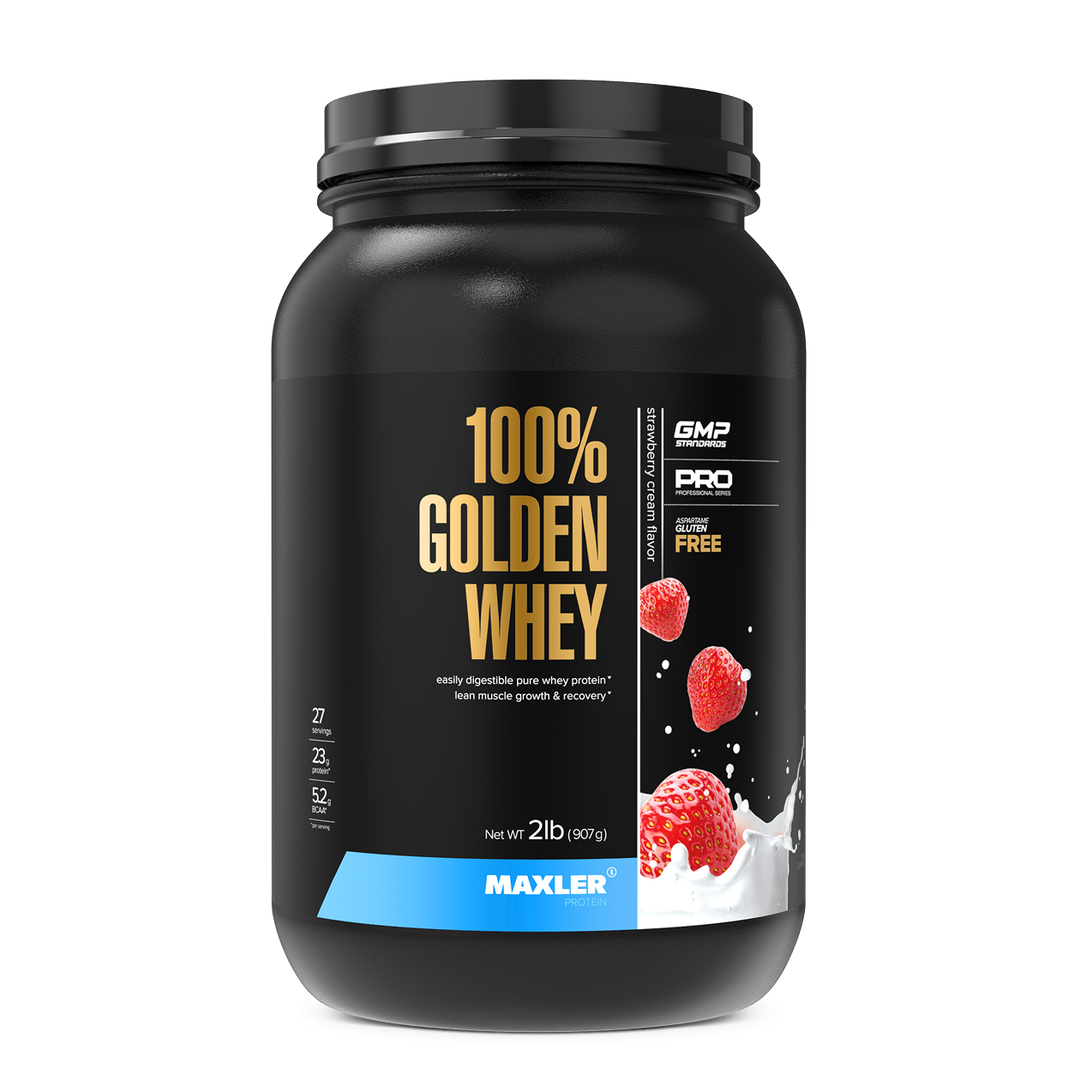 Black container of Maxler 100% Golden Whey protein powder on a white background