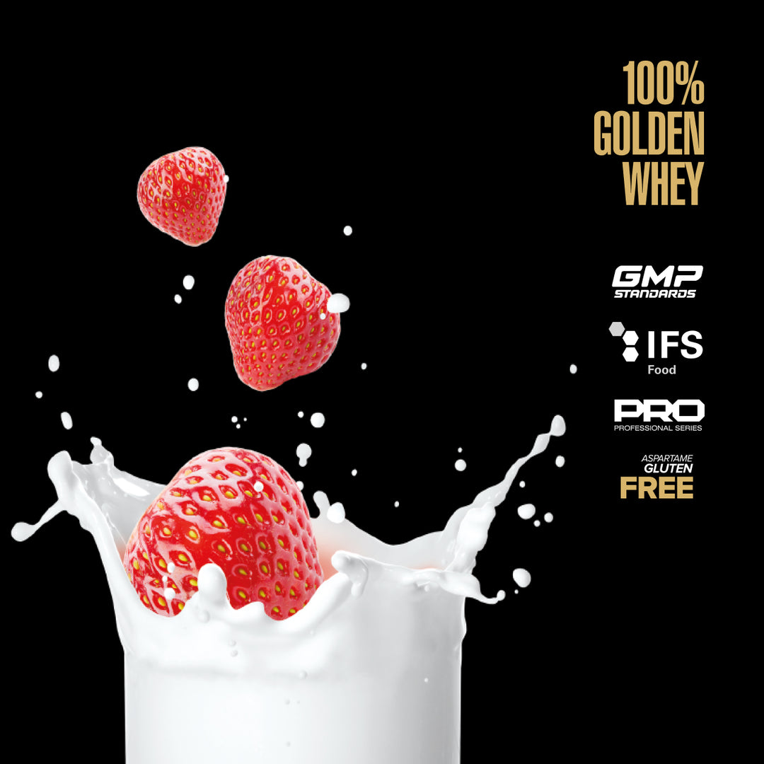 Strawberries splashing into a glass of milk with certification logos on a black background