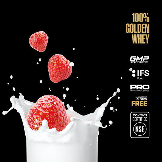 Maxler 100% Golden Whey strawberry flavour graphic with NSF Contents Certified logo