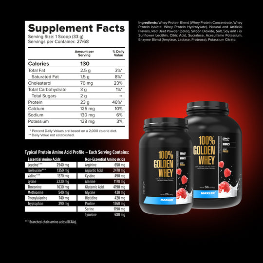 Maxler Golden Whey protein supplement with nutritional facts and ingredients listed on a black background.