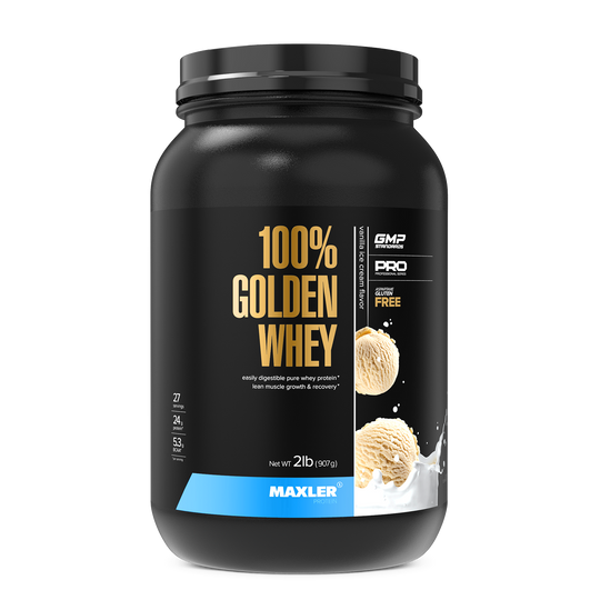 Black container of Maxler 100% Golden Whey protein powder on a white background