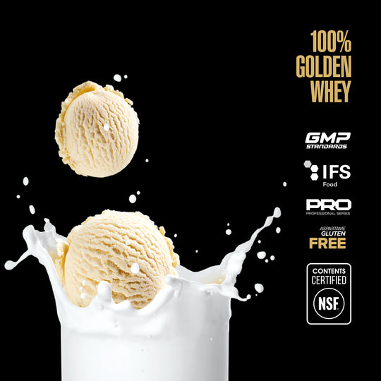 Maxler 100% Golden Whey vanilla ice cream flavour graphic with NSF Contents Certified logo