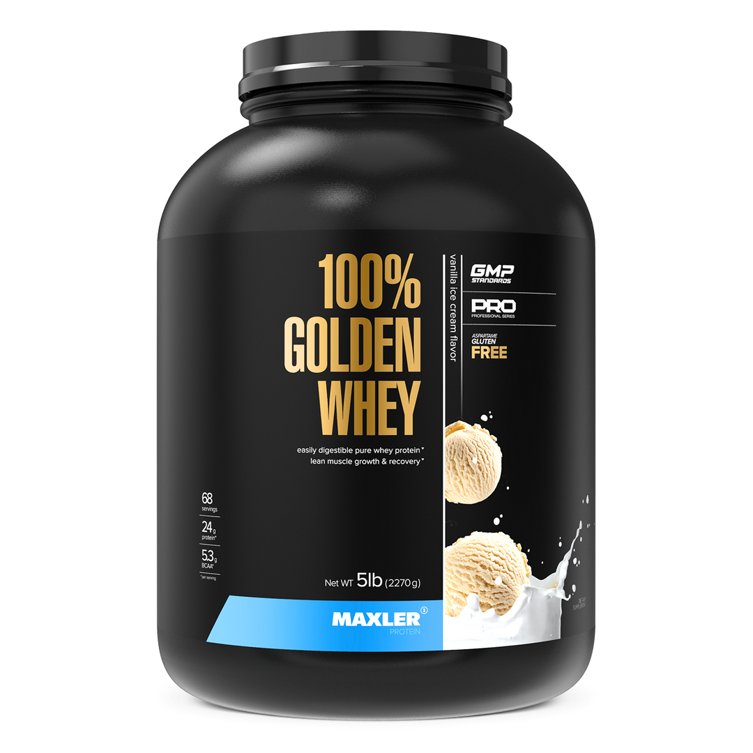 Black container of 100% Golden Whey protein powder with Maxler branding on a white background
