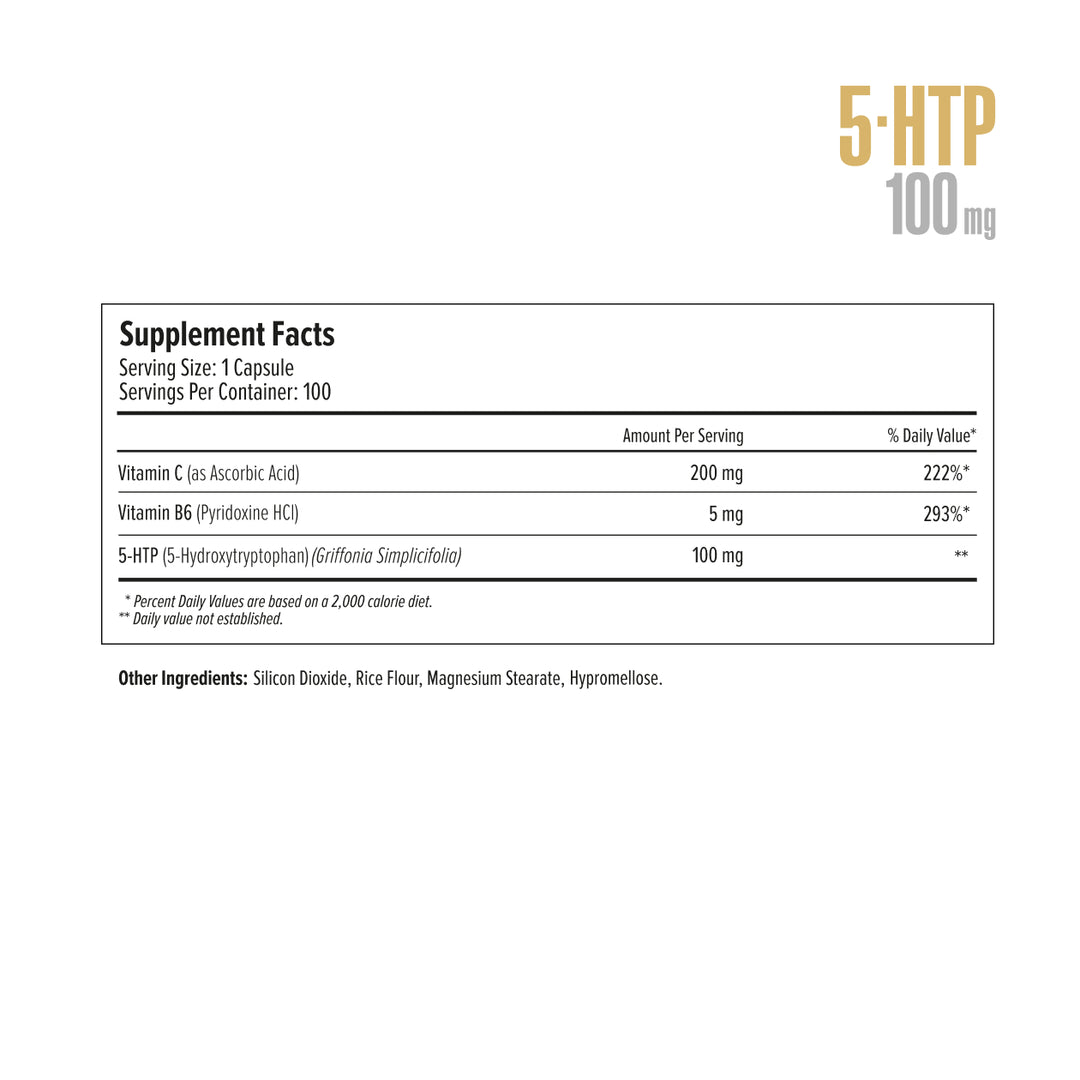 Supplement label for 5-HTP 100 mg with vitamin C and B6 on a white background