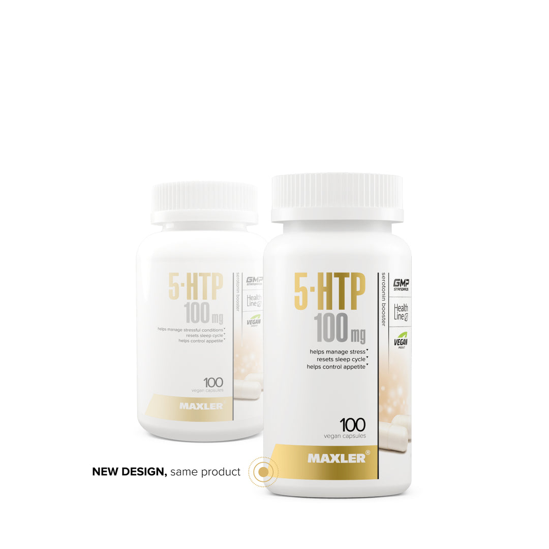 Two bottles of Maxler 5-HTP 100 mg on a white background