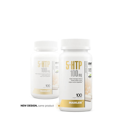 Two bottles of Maxler 5-HTP 100 mg on a white background