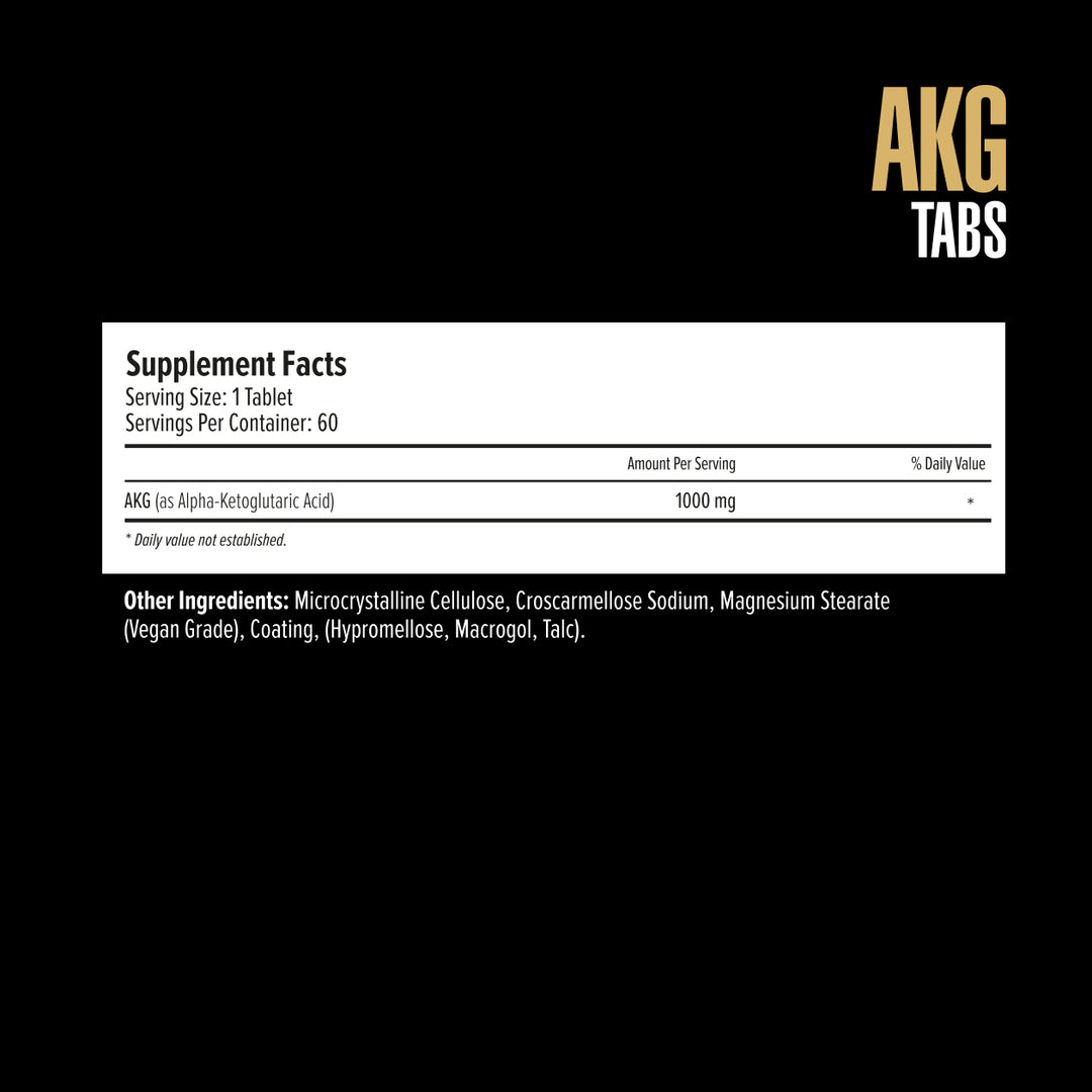 AKG Tabs supplement facts label - 1000mg Alpha-Ketoglutaric Acid per serving, vegan formula