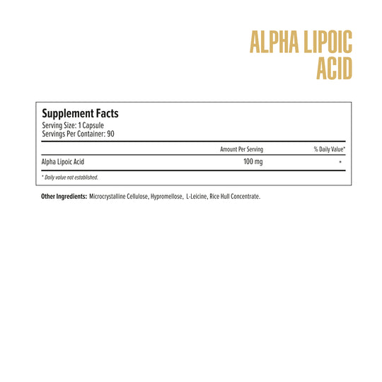 Supplement label for Alpha Lipoic Acid on a white background