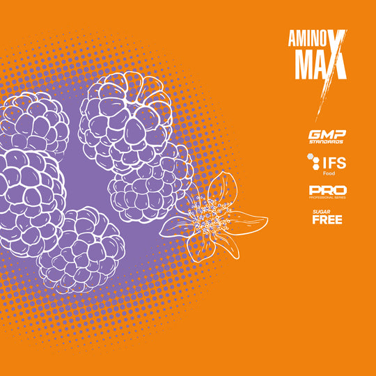 Aminos Max supplement packaging with purple raspberries and a flower on an orange background